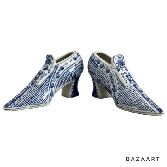Blue & White Ceramic Dutch Delftware Shoe Figurines With Floral Pattern - Picture 4 of 12